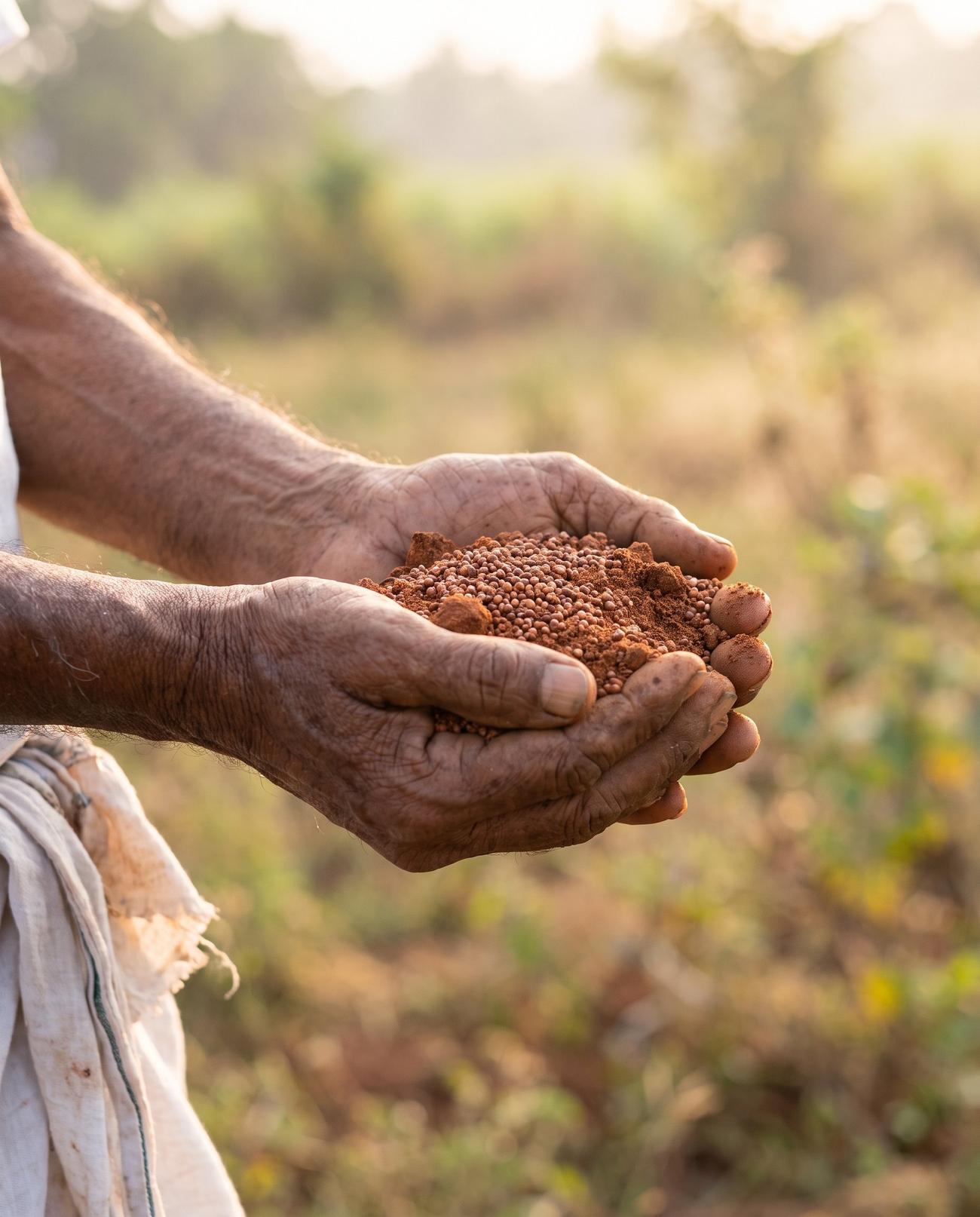 Weathered hands holding red earth and ragi seed