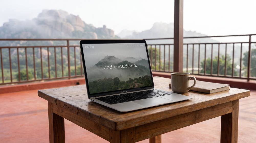 Eartho site on a laptop on a red-oxide verandah