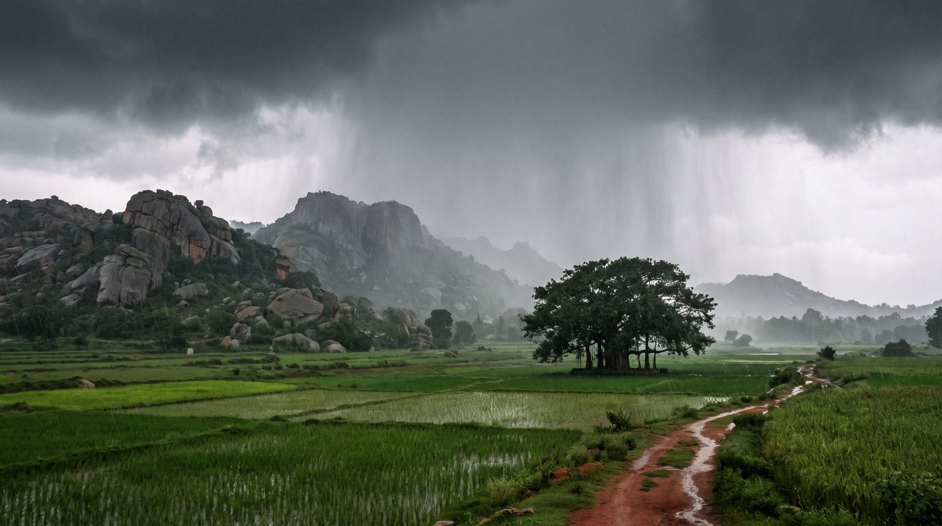Monsoon clouds over granite hills, green paddy and a lone tree