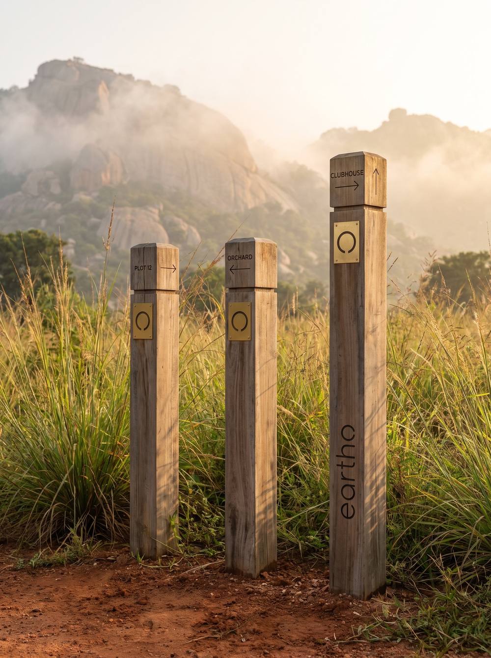 Timber boundary posts with the monogram