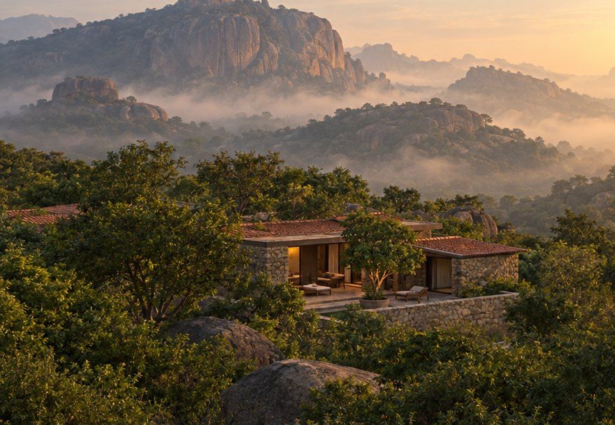 Low granite villas with tiled roofs at dusk among the hills